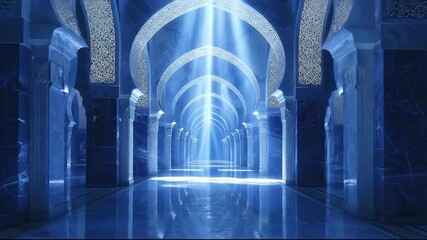A grand blue-lit hall with repeating pointed arches marble pillars and a reflective floor illuminated by a central beam of light from above - Powered by Adobe