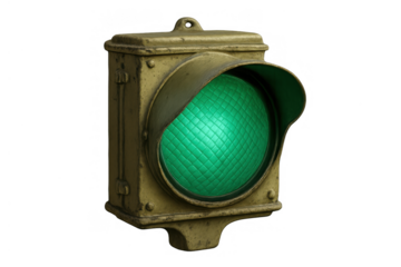 Vintage green traffic light illuminating, signaling go, on a transparent background, controlling urban road flow