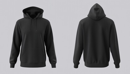 Black Pullover Hoodie Apparel Mockup Front and Back View Professional Studio Lighting Crisp Focus Detailed Fabric Texture