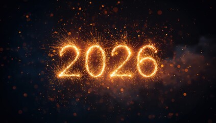  A bold golden “2026” number graphic decorated with sparkling glitter particles and glowing highlights. Ideal for New Year visuals, celebration announcements, luxury backgrounds .