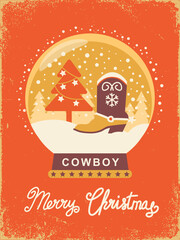 Western vintage Christmas card with christmas snow glass ball illustration and holiday text on old paper texture.