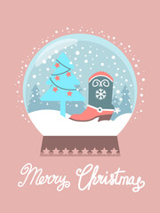 Western Christmas card with Christmas snow glass ball illustration and western rodeo boots. Cowboy Christmas illustration snow globe with cowboy boot, abstract winter trees and falling snow.