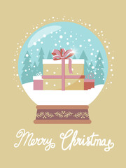 Cozy Christmas card snow globe with Gifts Festive Holiday vector illustration with text lettering.