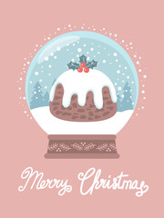 Cozy Christmas card vector handmade illustration with traditional Christmas pudding snow globe topped with holly berries and holiday text lettering