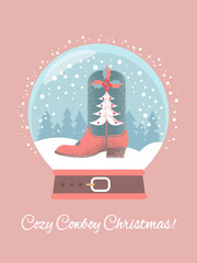 Cozy Country Christmas card with Cowboy boots and holly berry decorated in snow glass ball illustration. Cowboy Christmas illustration snow globe with cowboy boot, abstract winter trees