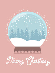 Western Christmas card with christmas snow glass ball illustration. Cowboy Christmas illustration snow globe with  cowboy boot, abstract winte trees and falling snow. Cozy winter holiday design