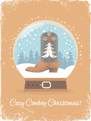Cozy Country Christmas vintage poster card with Cowboy boots and holly berry decorated in snow glass ball illustration on old paper texture background. Cowboy Christmas illustration snow globe