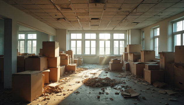 Empty office space with cardboard boxes, debris. Furniture dismantled, signifying closure, relocation. Sunlight streams through large windows onto floor. Scene represents financial difficulties,