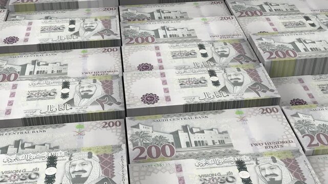 Saudi Arabia 200 Riyal Banknote Horizontal 3D Animation ? Financial Currency Flow, Banking, Business Investment, Economy Growth, and Money Exchange Visualization