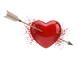 Red heart pierced by arrow isolated on transparent background