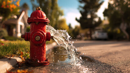 A close-up photo of a red fire hydrant left open to gush a high pressure stream of water into a residential neighborhood.	
