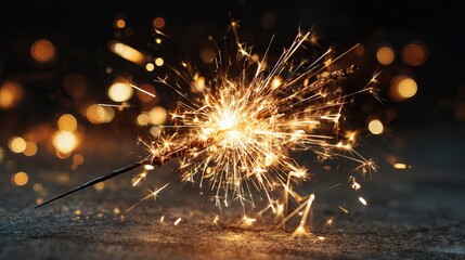 Sparkling golden sparkler burning bright against a dark background, perfect for celebrations and festive events, capturing joy.