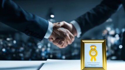 Successful business handshake with framed award  
