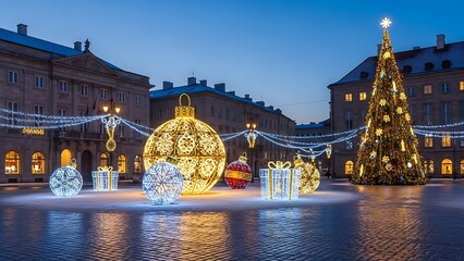Experience the magic of Christmas in this stunning city square adorned with festive decorations and a beautifully illuminated Christmas tree