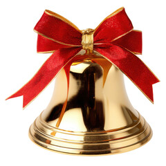 Shiny golden Christmas bell with red ribbon bow isolated on white background, realistic 3d rendering for holiday celebration and jingle ornament
