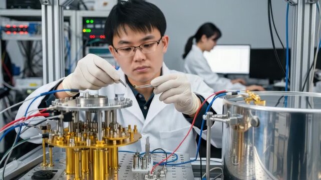 Two scientists are focused on setups involving quantum technology in a research lab