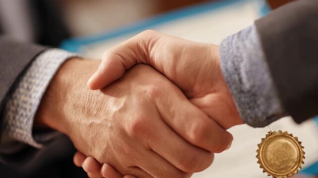 Closeup handshake with golden seal of approval  