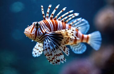 Obraz premium Red lionfish swims in dark blue water. Zebra patterned fins and striped body are visible. This venomous aquatic creature has a striking appearance.