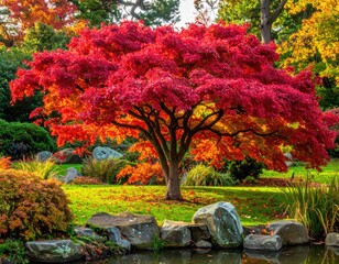 A vibrant, majestic tree bursts with autumnal red foliage, situated in a lush, verdant garden