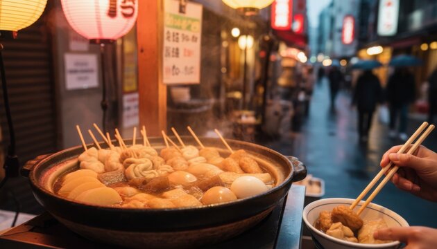 A steaming assortment of oden simmering in a large pot as warm lantern light reflects on the bustling street scene, emphasizing comforting food, evening atmosphere and traditional culinary ambiance