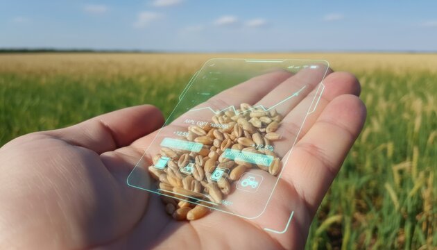 A hand holding grain with digital farm data overlay showing modern agriculture insight in a sunny rural field