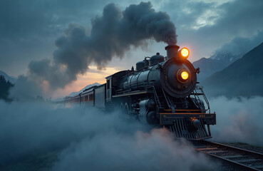 Old steam train travels through misty mountains at sunset. Dark engine billows smoke on tracks passing forested hills and peaks. Dramatic sky glows with warm light over a cloudy landscape.