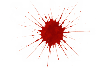 Red blood splatter on transparent background creating an abstract ink stain or paint splash design element