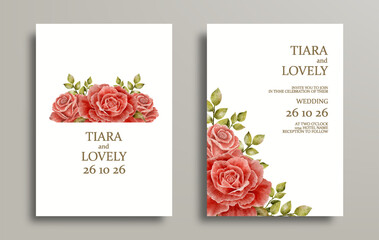 beautiful wedding invitation card with red rose watercolor design
