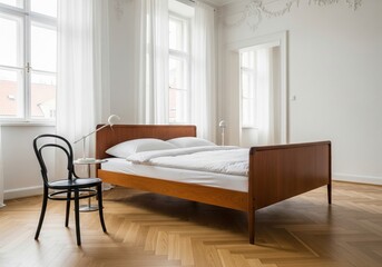 Fototapeta premium Minimalist white bedroom interior with wooden bed and chair on parquet floor in apartment