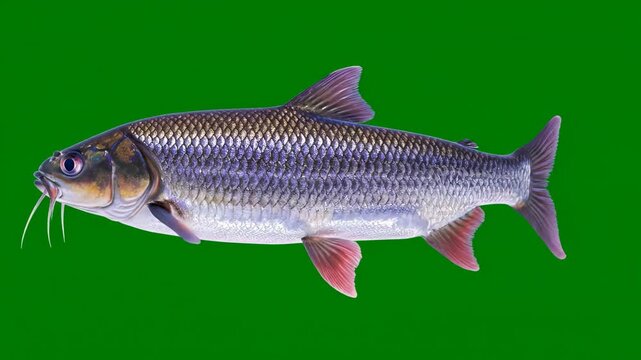Isolated labeo fish with silvery scales and pink fins on a solid green screen background