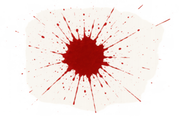 Red blood splatter expanding on white torn paper, depicting violence, crime, murder, injury, and dramatic impact, transparent background