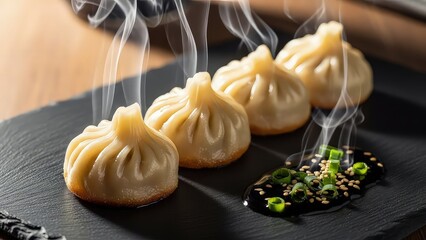 Steaming hot dumplings served on a dark slate plate with garnish