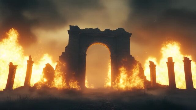 Dark fantasy ruins burning in fiery landscape  