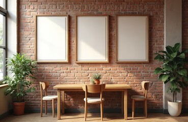 Fototapeta premium Three empty picture frames hang on red brick wall above wooden table with chairs. Plants add green color to cafe interior. Light streams through large window.