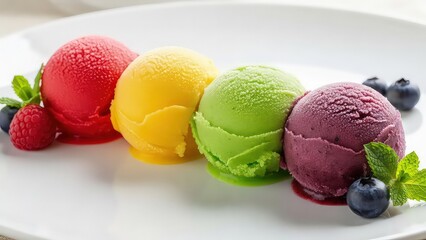 Vibrant rainbow ice cream scoops with fresh berries and mint