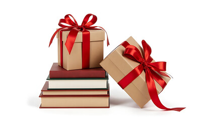 Obraz premium christmas gift box and stacked books with red ribbon decoration isolated on white background