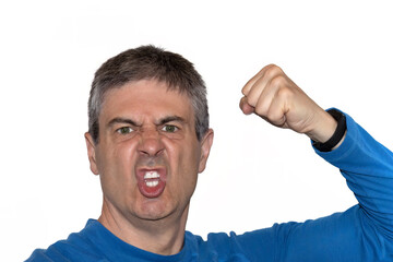 Excited Man Celebrating Victory with Raised Fist and Intense Emotional Face