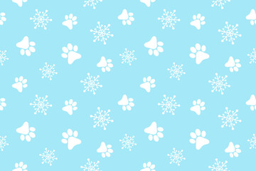 Seamless Cat Or Dog Paw and Snowflake Pattern Background. Festive Holiday. Vector Illustration © Wasin