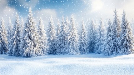 Fototapeta premium Winter wonderland scene with snow-covered fir trees and falling snowflakes creating a magical, serene winter landscape, perfect for holiday projects