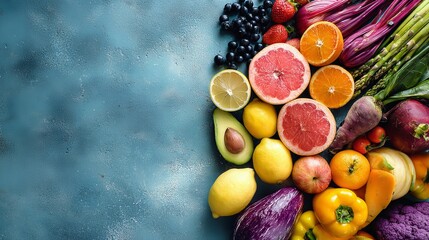 Vibrant assortment of colorful fruits and vegetables for healthy eating lifestyle on textured blue background creates visual appeal