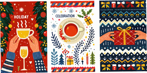 Festive holiday collage with drinks gifts and celebratory elements