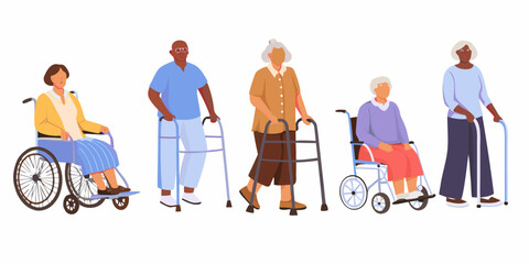 Diverse group of senior people with mobility aids on white background