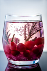 Christmas Snow Globe Cocktail With Sparkling Pink Drink, Cranberries And Rosemary, Festive Holiday Beverage Concept With Bubbles And Winter Magic Mood