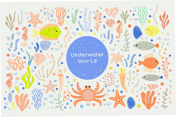 Cute underwater world illustration with fish starfish crab and seaweed