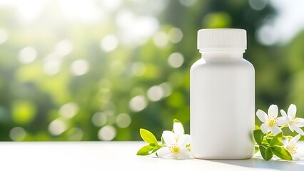 White bottle, flowers, green bokeh background, bright sunlight