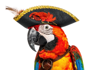 Close-up of a colorful parrot wearing a pirate hat and leather strap