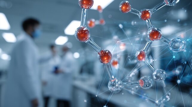 Molecular Science: An innovative scientific laboratory is the backdrop for a close-up image of a vibrant molecule structure. The scene is about discovery, research and technology.