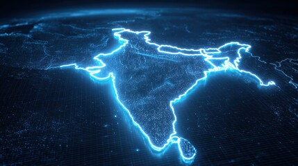 Digital rendering of a world map featuring the Indian subcontinent with glowing blue outlines and detailing.