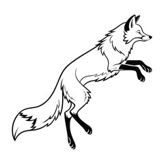 Fototapeta premium Stylized fox leaping gracefully, black line art illustration on white background, dynamic motion Vector