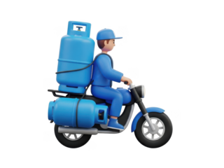 Delivery man on scooter with gas cylinders isolated on transparent background